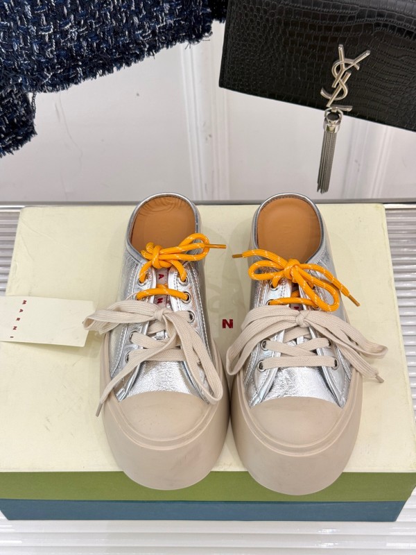 2025 Women Yves Saint Laurent Silver Leather Platform Sneakers With Orange And Beige Laces YSL123(F)