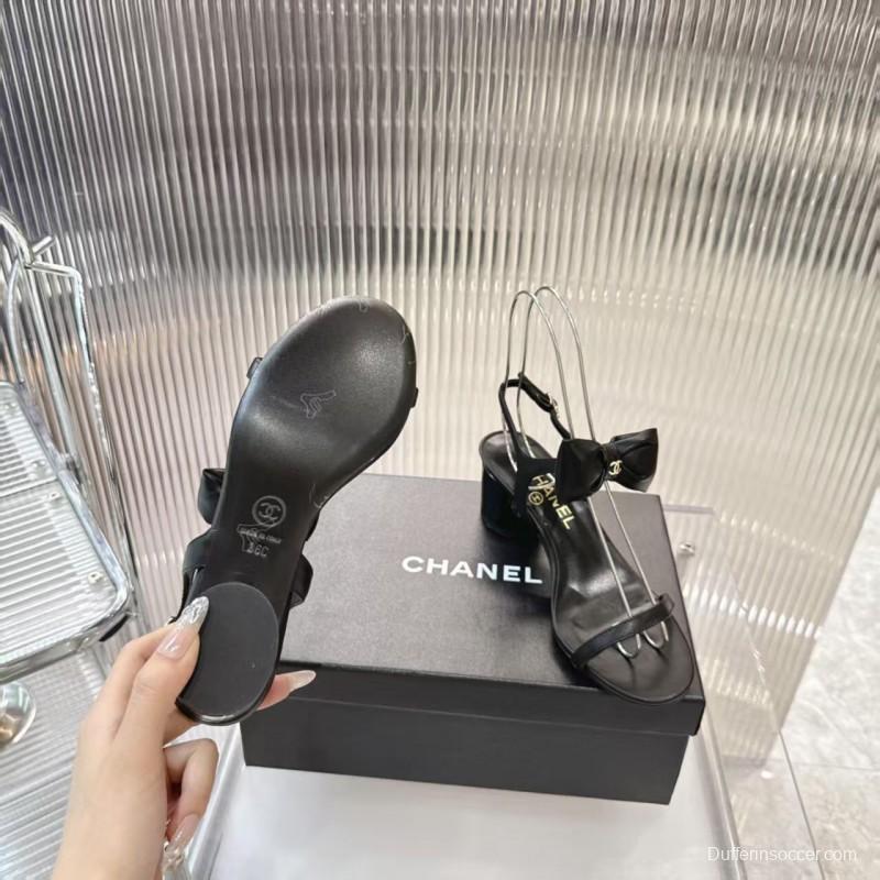 2025 Women Chanel Black Lambskin Bowknot Sandals LY00260