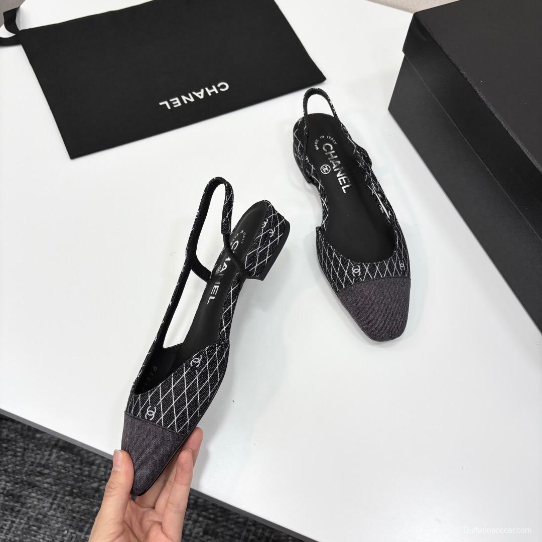 2025 Women Chanel Black White Fabric Leather Slingback LY00240