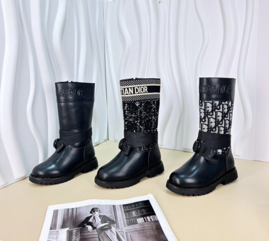 2024 Kids Dior Black Leather Fabric Boots