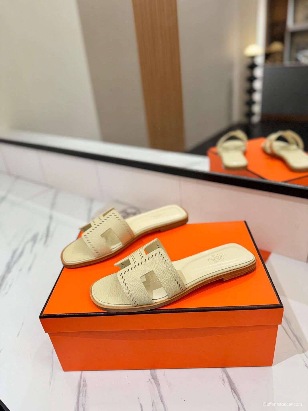 2025 Women Hermès Beige Leather Slippers