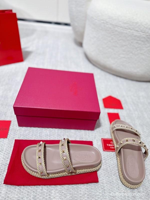 2025 Women Valentino Beige Leather Slippers