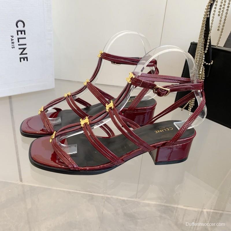 2025 Women Celine Burgundy Patent Leather Sandals KFY00300