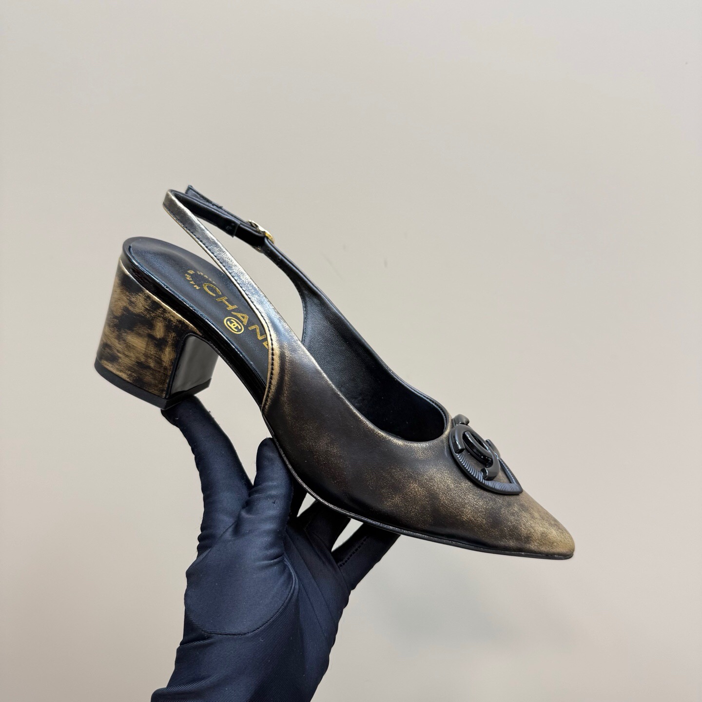 2025 Women Chanel Gold Black Leather Slingback Heel