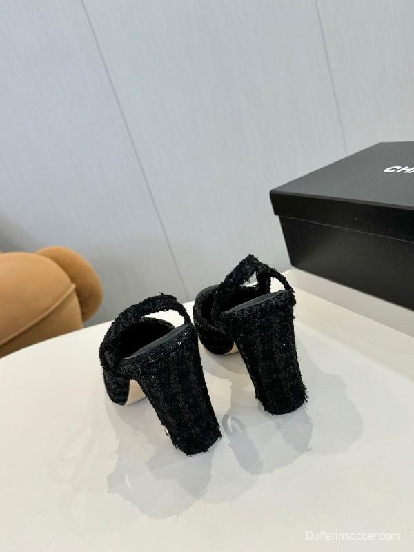 2025 Women Chanel Black Fabric Leather Slingback Heels