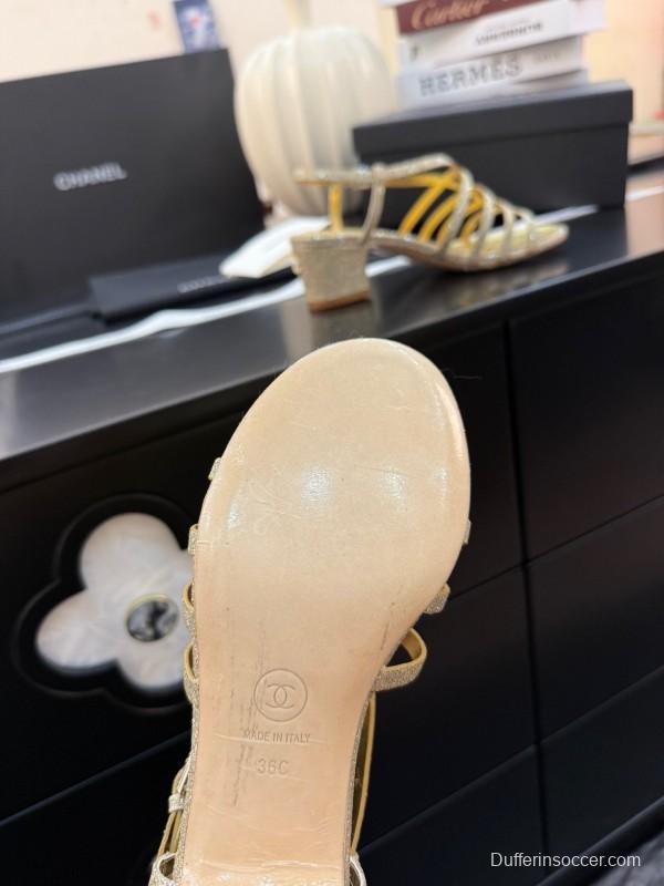 2025 Women Chanel Gold Fabric Sandals KFY00289