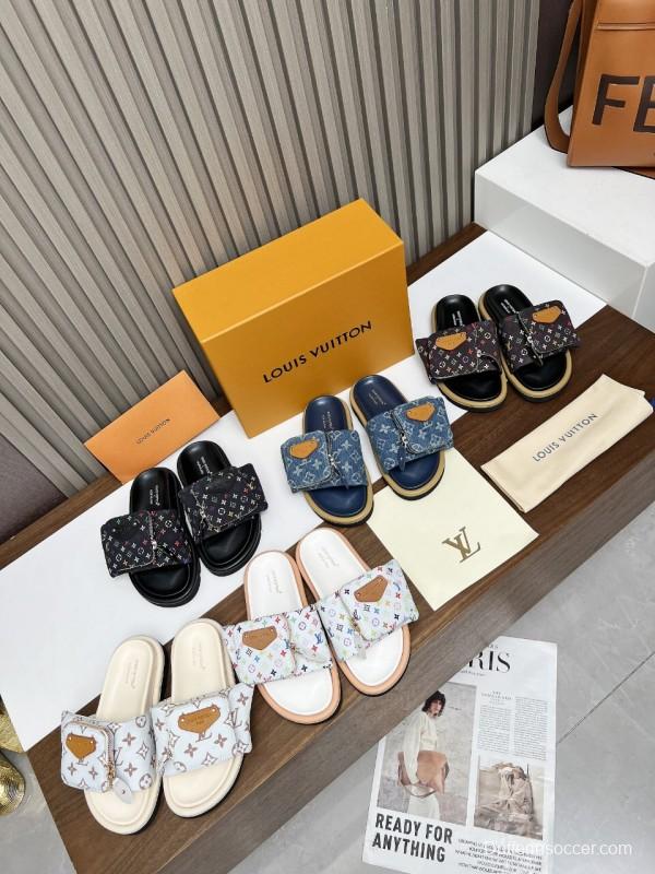 2025 Women Louis Vuitton White Brown Canvas Slippers KFY00230