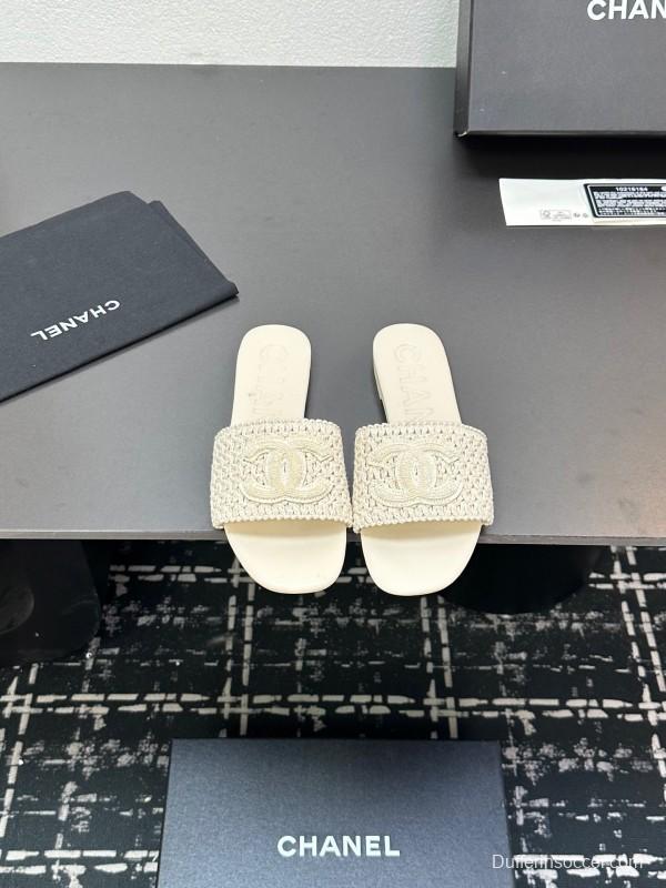 2025 CHANEL White Knit Leather Slippers LY00250