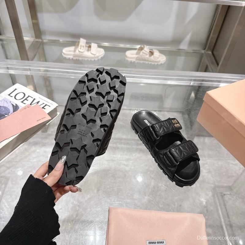 2025 Women Miu Miu Black Leather Slide Sandals