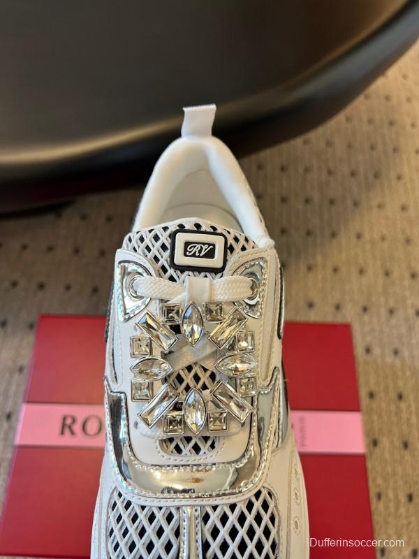 2025 Women Roger Vivier White Black Leather Synthetic Fabric Sneakers KFY00380