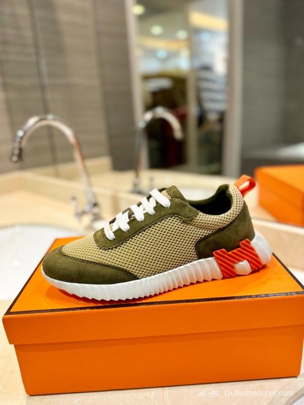 2024 Unisex Hermès Khaki Beige Suede Mesh Sneakers MJ00320