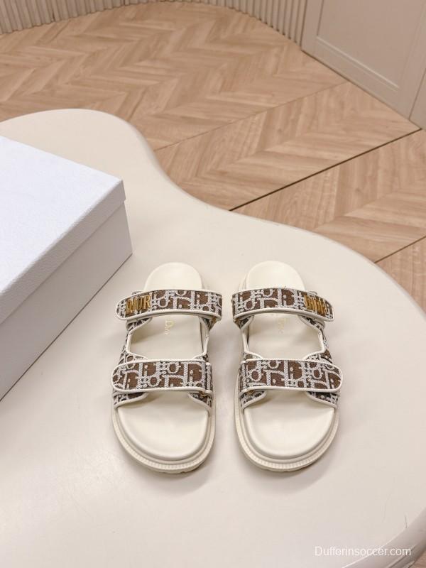 2025 Women Dior Brown Beige Canvas Leather Sandals LY