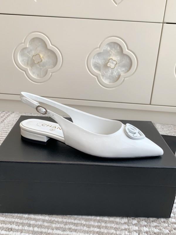 2025 Women Chanel White Leather Slingback Pointed Toe Heart Double C KFY00300