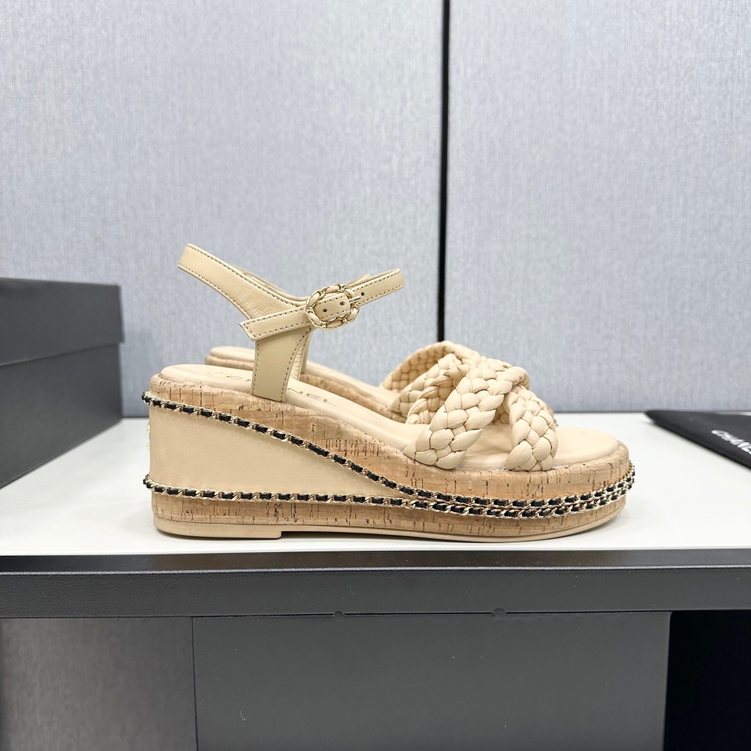 2025 Women Chanel Beige Leather Wedge Sandals
