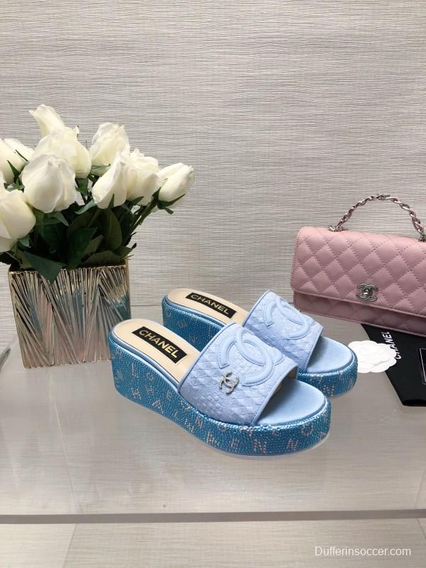 2025 Women Chanel Blue White Fabric Platform Slide Sandals LY00320