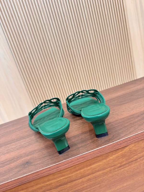 2025 Women Loewe Green Leather Heeled Sandals LY00250