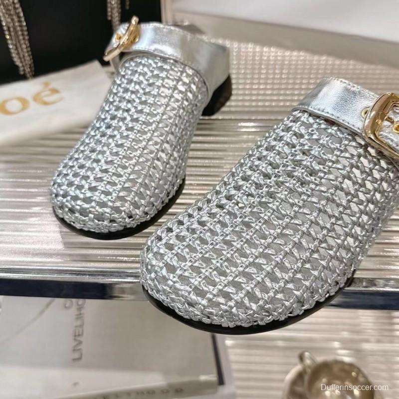 2025 Women Chloé Silver Leather Woven Slippers