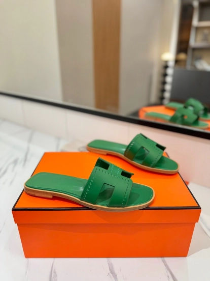 2025 Women Hermès Green Leather Slippers