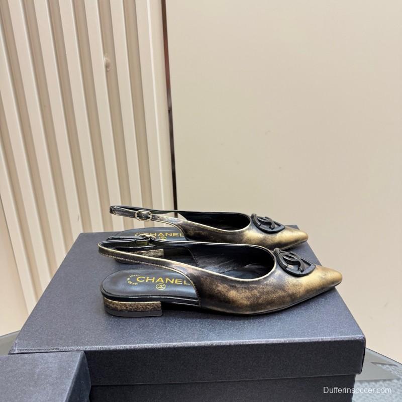 2025 Women Chanel Black Gold Satin Leather Sandals KFY00290