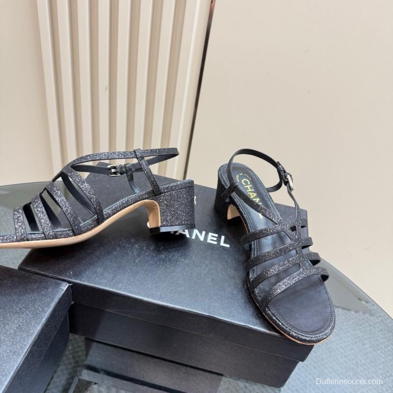 2025 Women Chanel Black Leather Sandals KFY00290