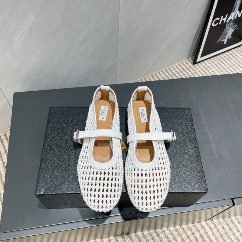 2025 Women Alaïa White Woven Leather Flat Mary Jane Shoes LY00360(F)
