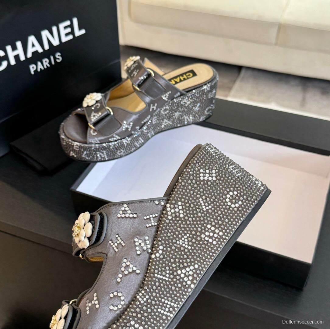 2025 CHANEL Grey Leather Platform Slippers LY00330