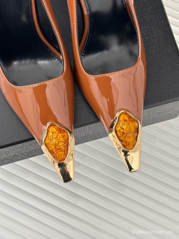 2024 Women Yves Saint Laurent Brown Patent Leather High Heels Metal Tip MJ00330