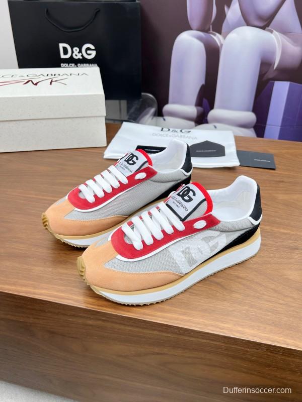 2025 Unisex Dolce & Gabbana Gray Red Beige PU Leather Mesh Sneakers LY00300