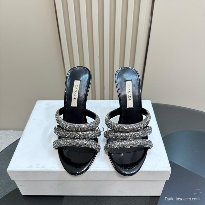 2025 Women Casadei Black Rhinestone Leather High Heels KFY00290