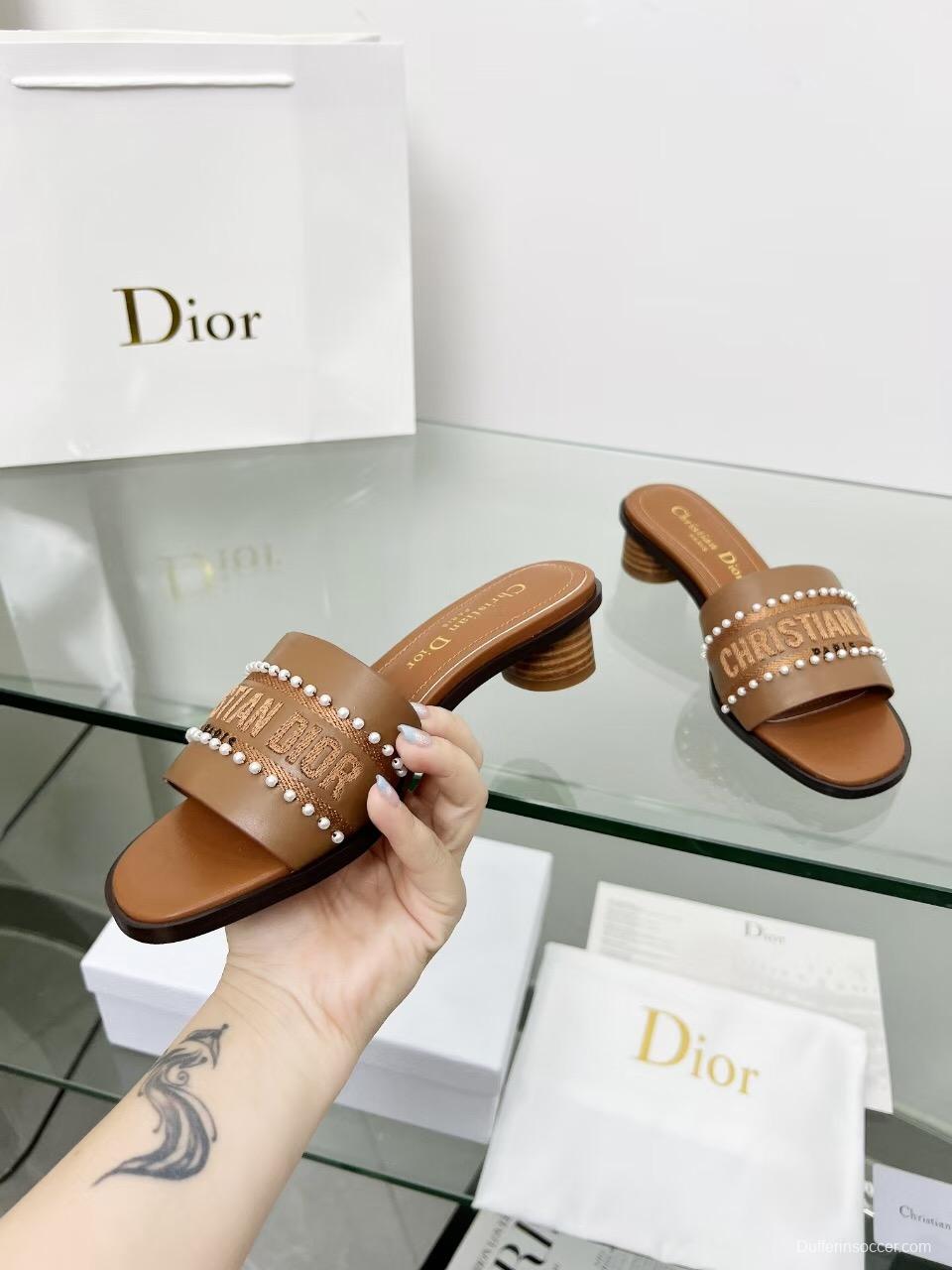2025 Women Dior Brown Leather Mule Beaded LY00210