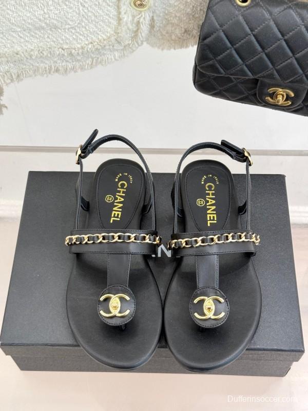 2025 Women Chanel Black Leather Sandals KFY00250