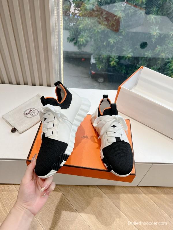 2024 Unisex Hermès Black White Orange Calf Leather Suede Knit Sneakers MJ00290