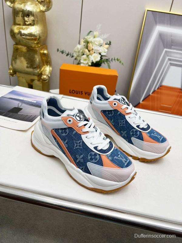 2025 Unisex Louis Vuitton Blue Orange White Leather Mesh Rubber Sneakers Monogram LY00340