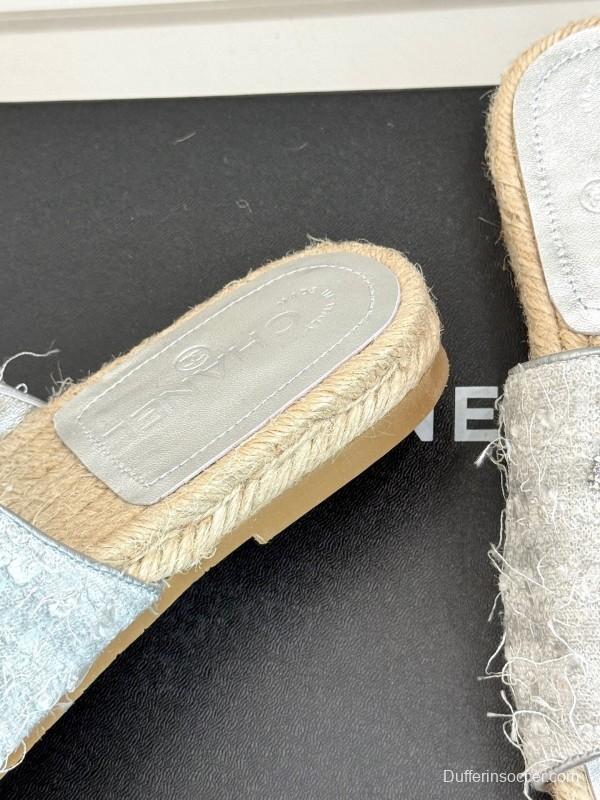 2025/Women Chanel White Lace Espadrille Slides Handmade Craft KFY00240(F)