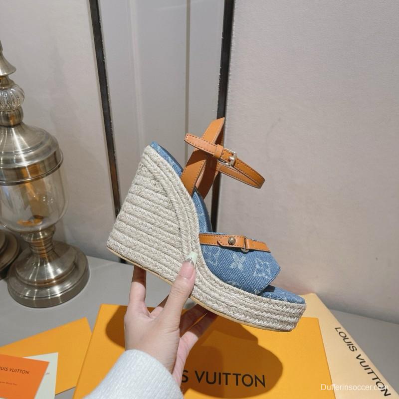 2025 Women Louis Vuitton Blue Denim Leather Espadrilles Sandals MJ00280