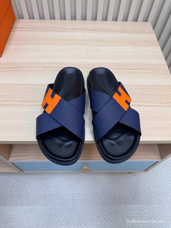 2025 Slippers Hermès Navy Orange Leather Cross Strap
