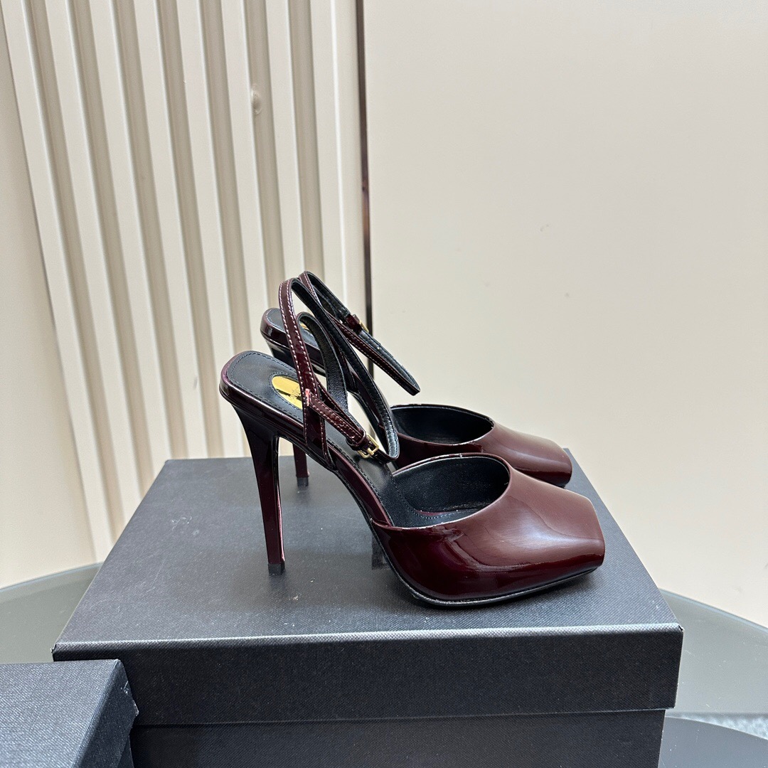 2025 Women Yves Saint Laurent Burgundy Patent Leather Slingback Heels