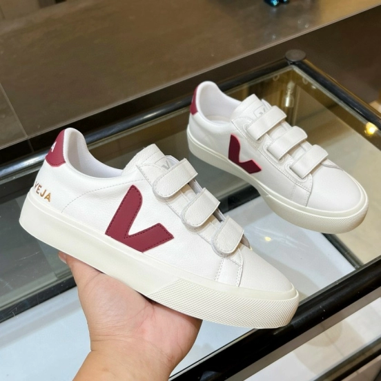 2025 Unisex VEJA White Burgundy Leather Canvas Sneakers MJ00240