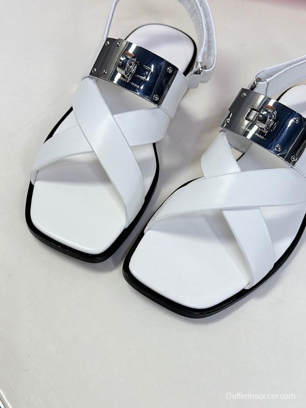 2025 Women Hermès White Calf Leather Sandals Metal Buckle KFY00300