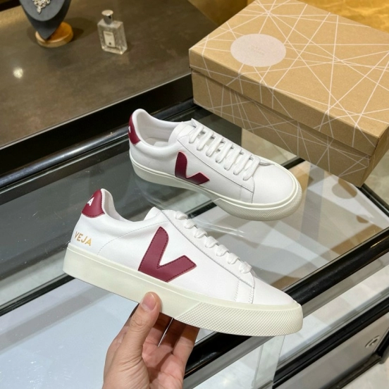 2025 Unisex VEJA White Burgundy Leather Canvas Sneakers MJ00240