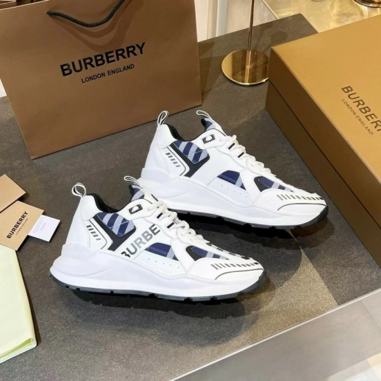 2025 Unisex Burberry White Blue Suede Leather Sneakers Vintage Check MJ00380
