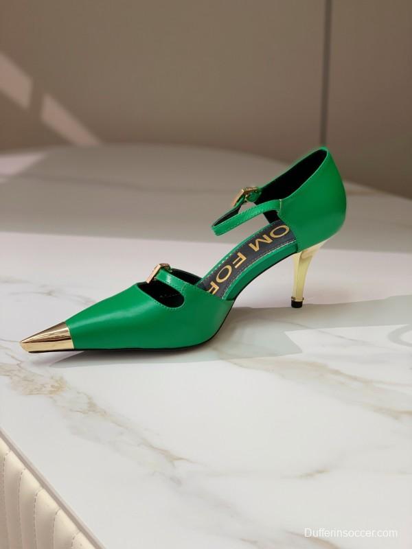 2025 Women TOM FORD Green Gold Leather Pointed Toe Mary Jane KFY00320
