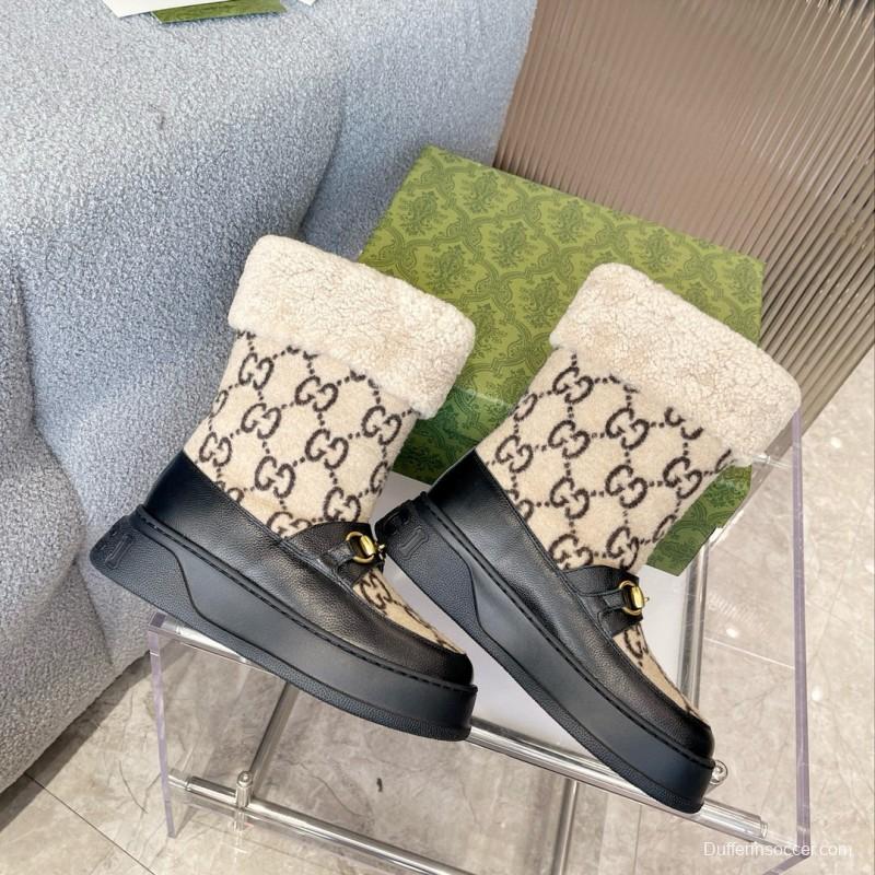 2024 Women Gucci beige black leather shearling snow boots MJ00420