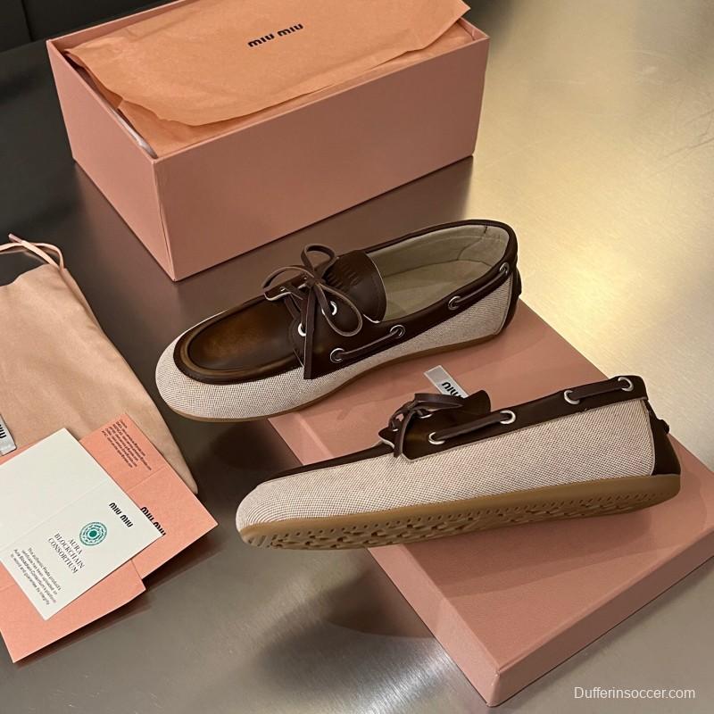 2025 Women Miu Miu Brown Beige Leather Canvas Loafers LY00230