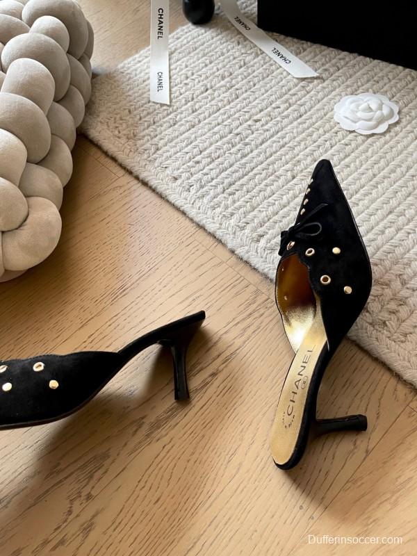 2025 Women Chanel Black Suede Pointed Toe Studded Mules