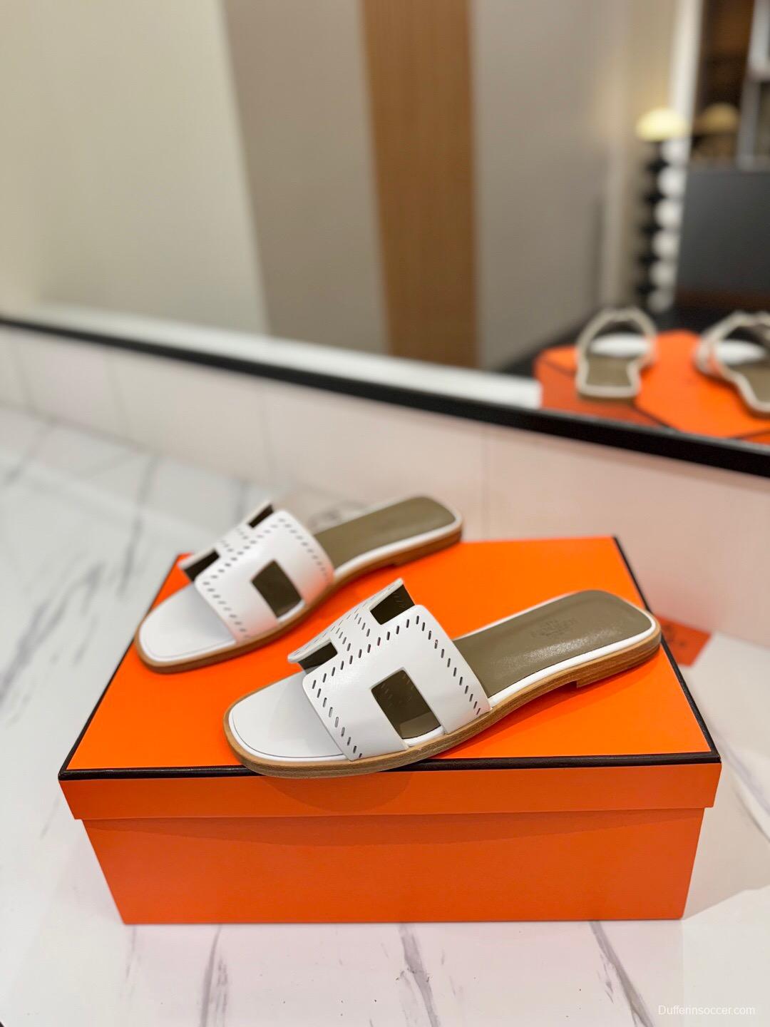 2025 Women Hermès White Leather Slippers