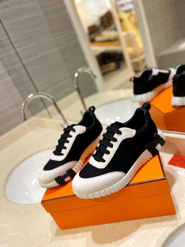 2024 Unisex Hermès Black White Knitted Leather Sneakers