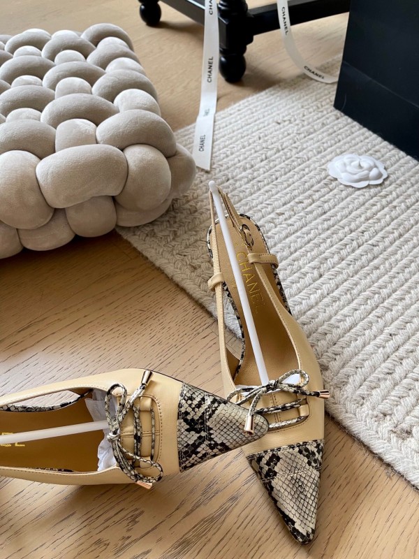 2025 Women Chanel Beige Snake Leather Heels KFY00320