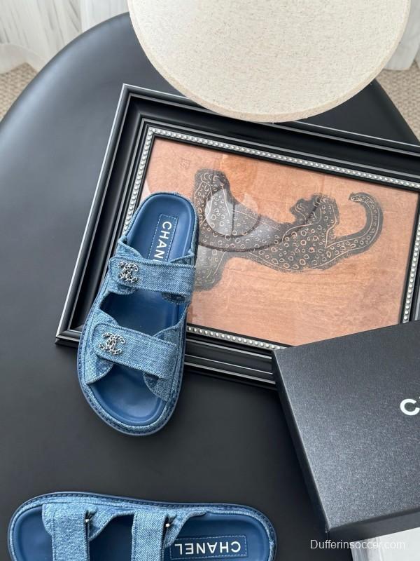 2025 Women Chanel Blue Denim Leather Slippers LY00310