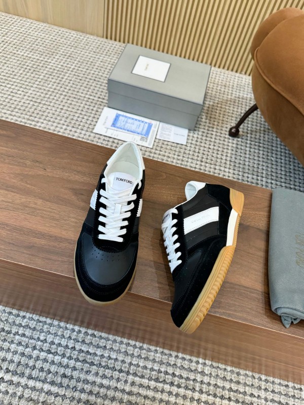 2025 Unisex TOM FORD Black White Leather Suede Sneakers Classic Contrasting LY00360